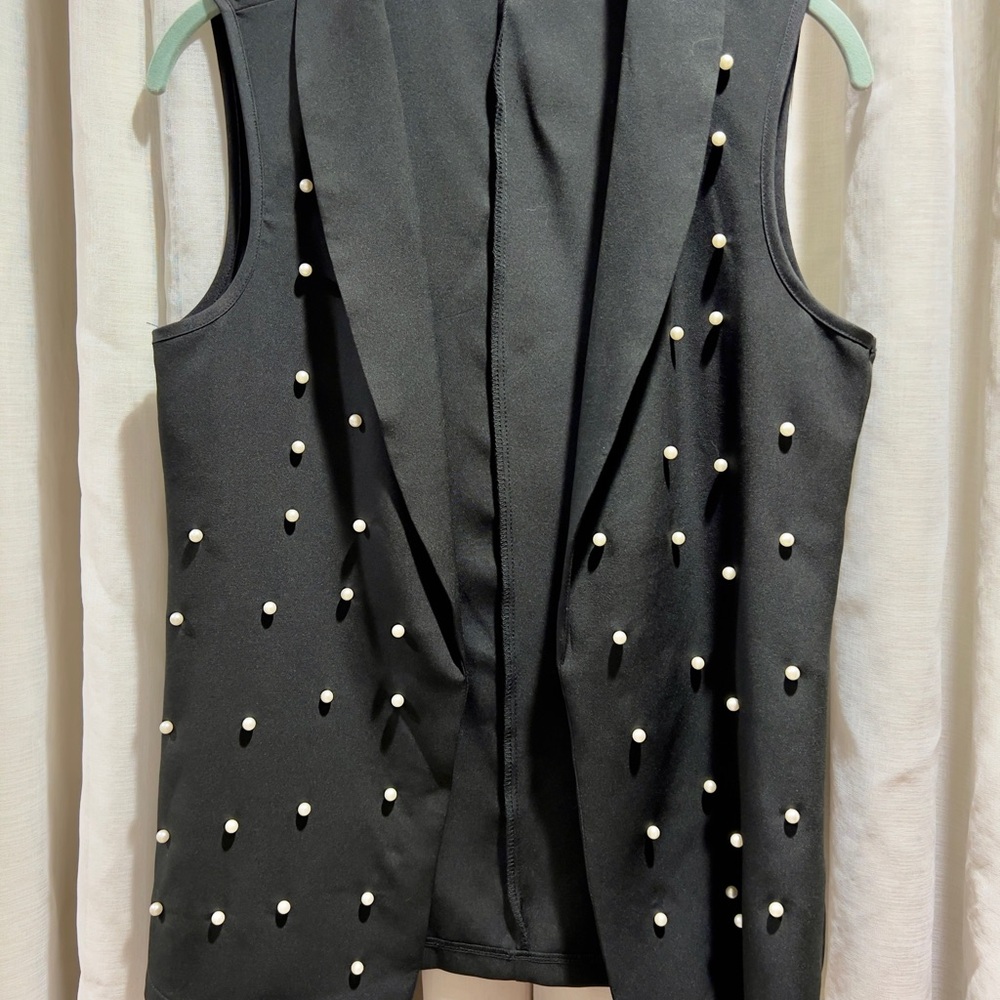 Black Faux Pearl Long Vest Sleeveless Lapel Open Front Size M Chic Minimalist